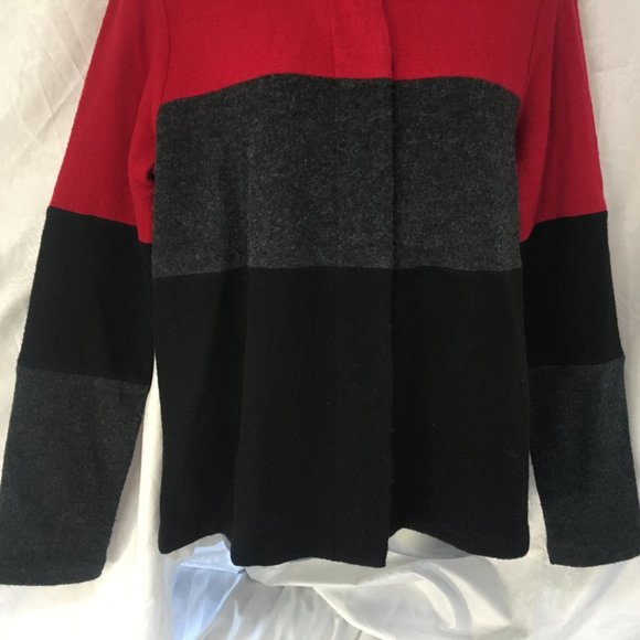 Karl Lagerfeld Jacket Sweater Womens Small Color Block Boiled Wool Black Red - Picture 3 of 15